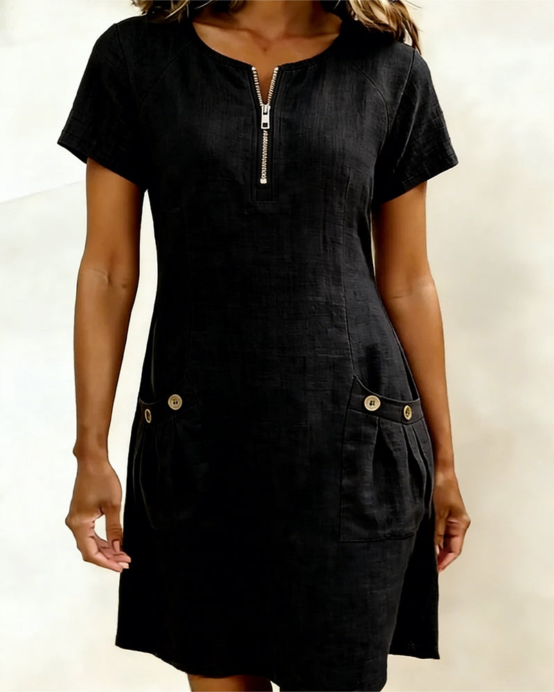 Amelie | Robe en coton et lin avec fermeture éclair et poches