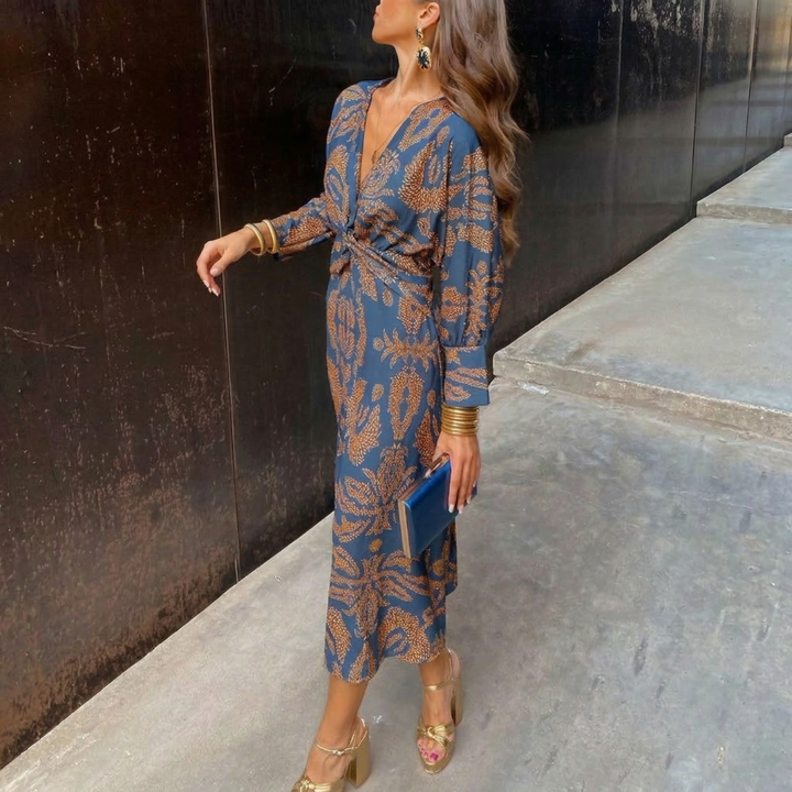 Margot – Robe Midi Élégante avec Nœud à la Taille et Imprimé Artistique