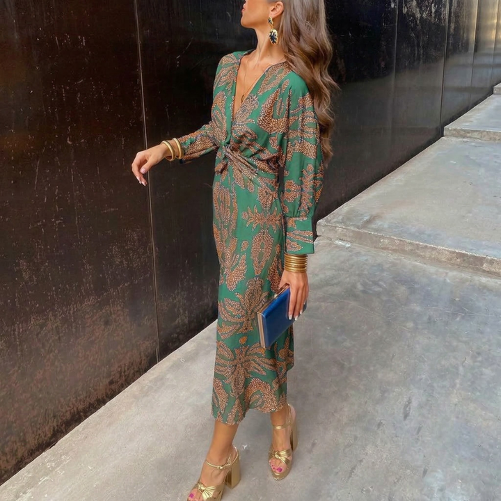 Margot – Robe Midi Élégante avec Nœud à la Taille et Imprimé Artistique