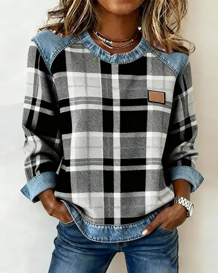 Arielle | Sweatshirt Femme en Denim à Patchwork Col Ronde