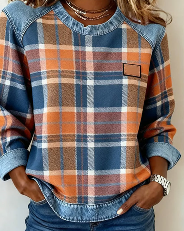 Arielle | Sweatshirt Femme en Denim à Patchwork Col Ronde