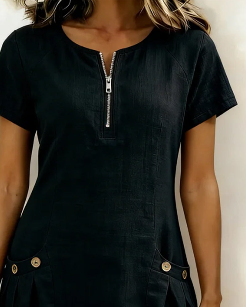 Amelie | Robe en coton et lin avec fermeture éclair et poches