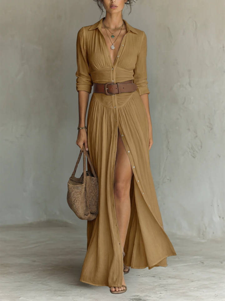 Robe Maxi en Lin à Col Revers et Manches Longues pour Femme