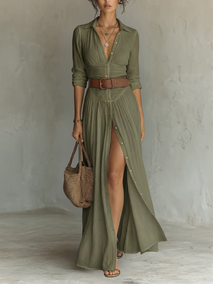 Robe Maxi en Lin à Col Revers et Manches Longues pour Femme