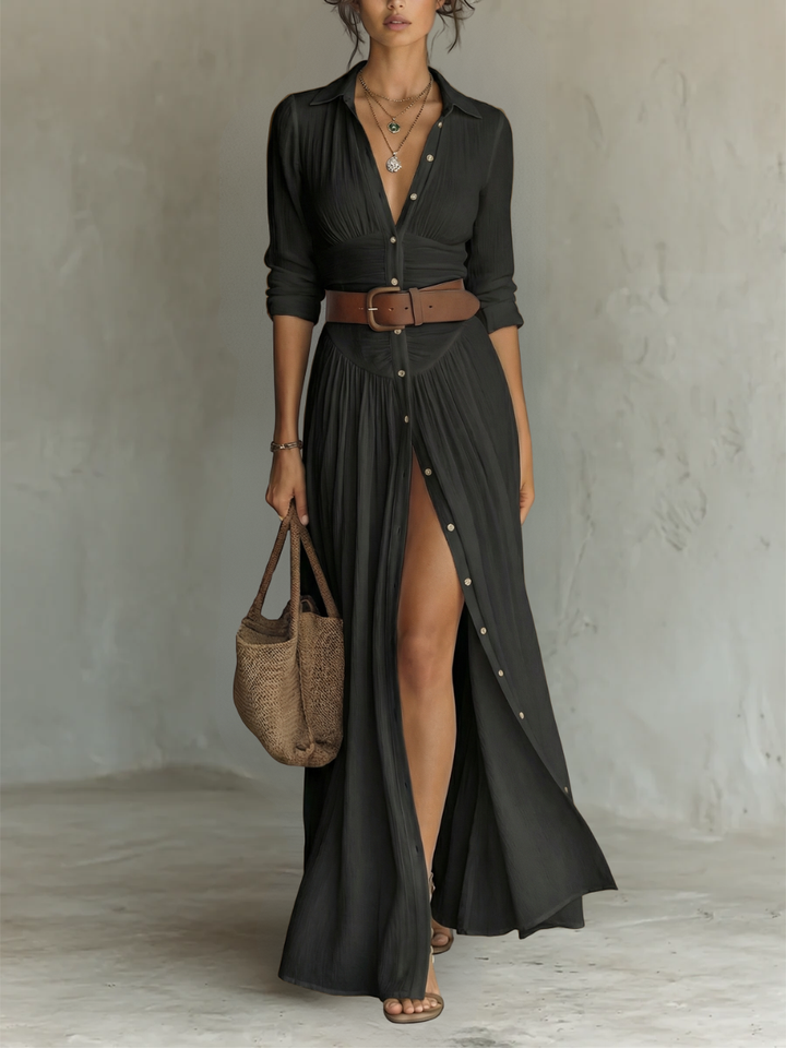 Robe Maxi en Lin à Col Revers et Manches Longues pour Femme