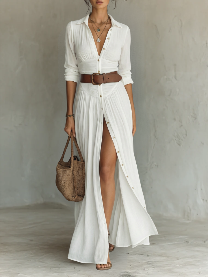 Robe Maxi en Lin à Col Revers et Manches Longues pour Femme