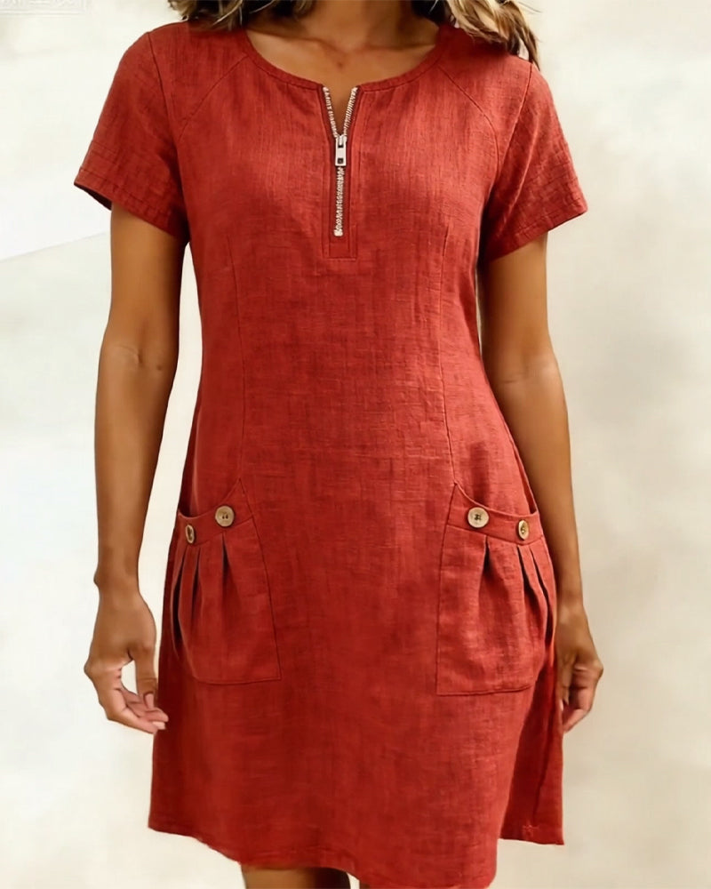 Amelie | Robe en coton et lin avec fermeture éclair et poches