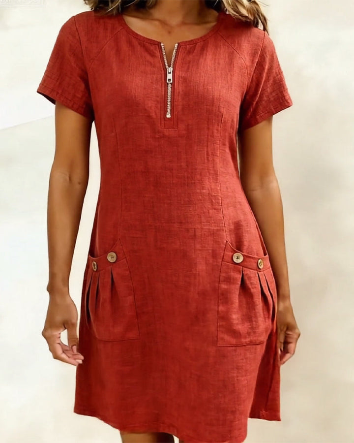 Amelie | Robe en coton et lin avec fermeture éclair et poches