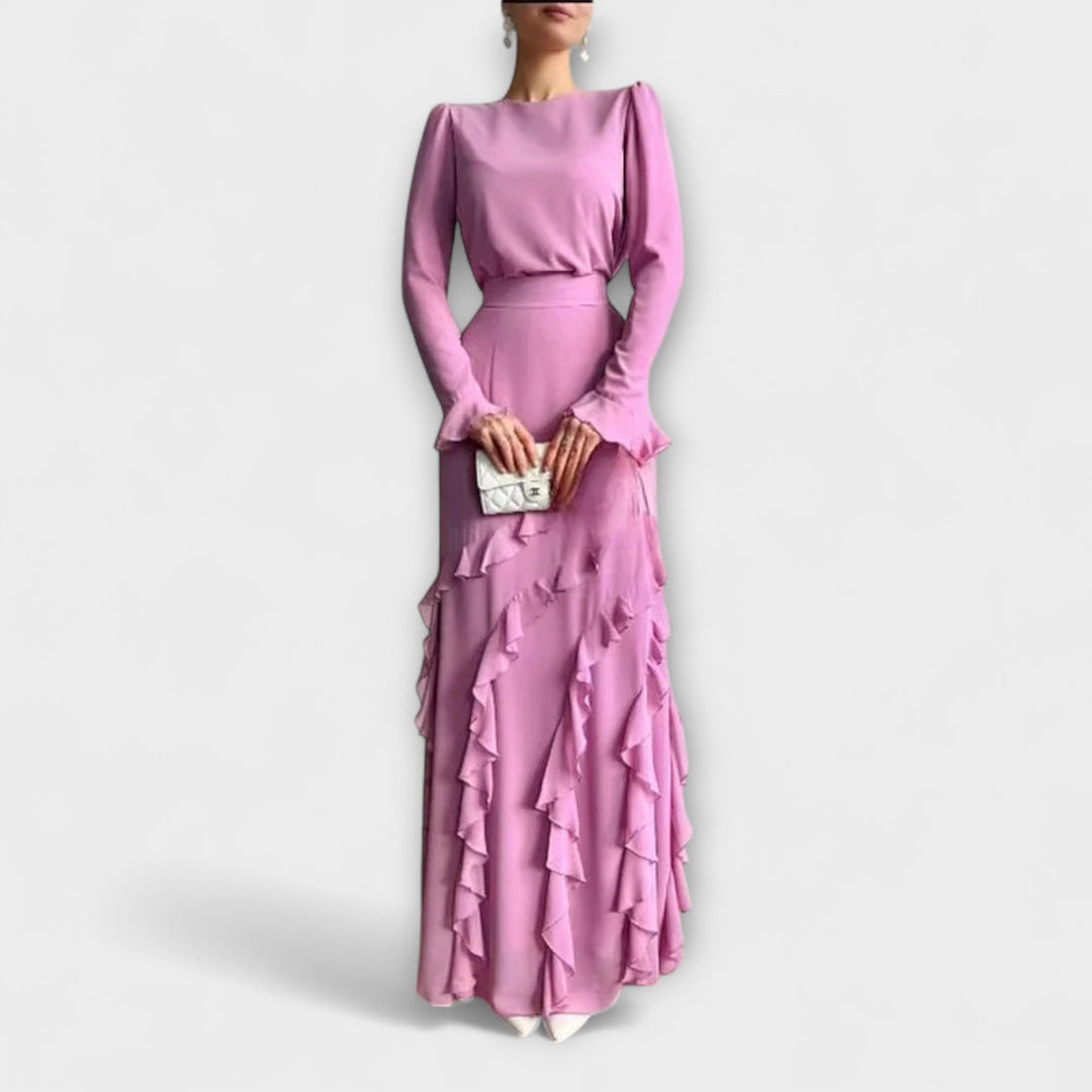 Fallon - Robe Longue Ajustée avec Volants en Trois Dimensions
