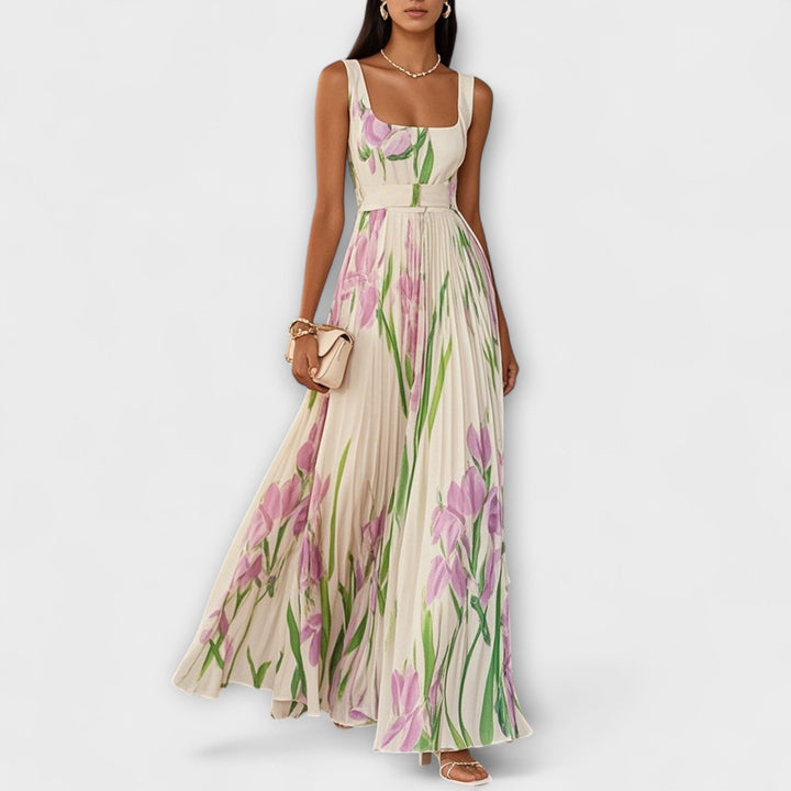 Robe Maxi Chiffon Fleurie Pliée