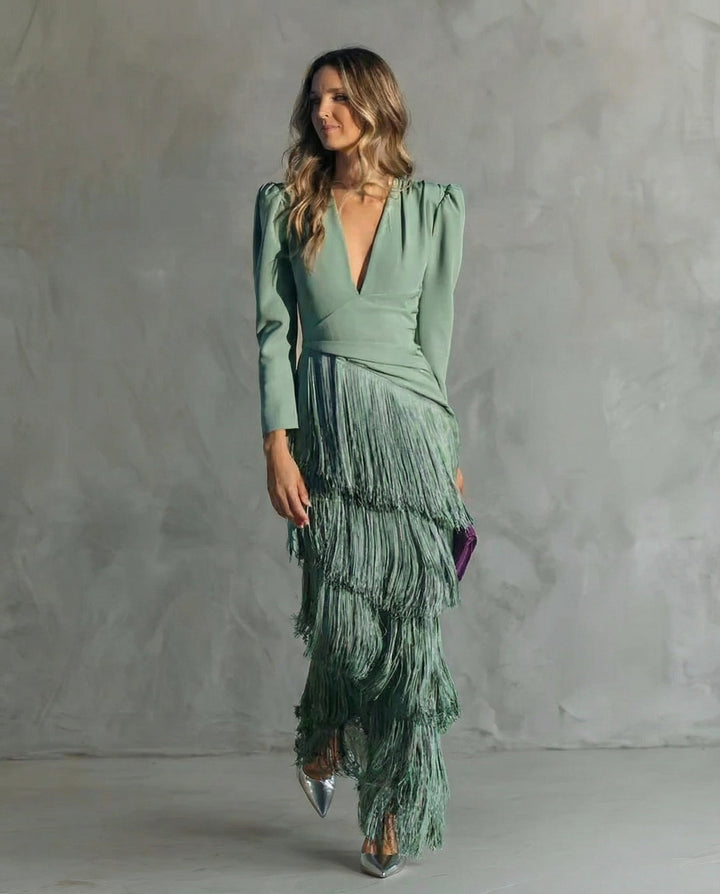 Claudia | Abito midi elegante con maniche a frange