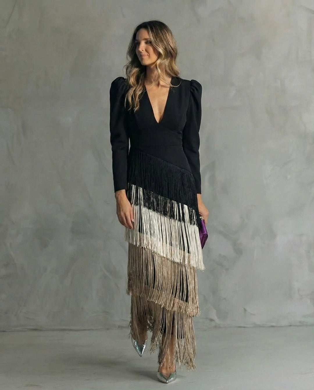 Claudia | Abito midi elegante con maniche a frange