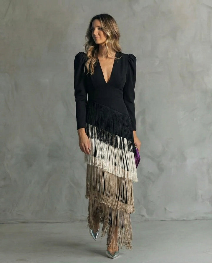 Claudia | Abito midi elegante con maniche a frange