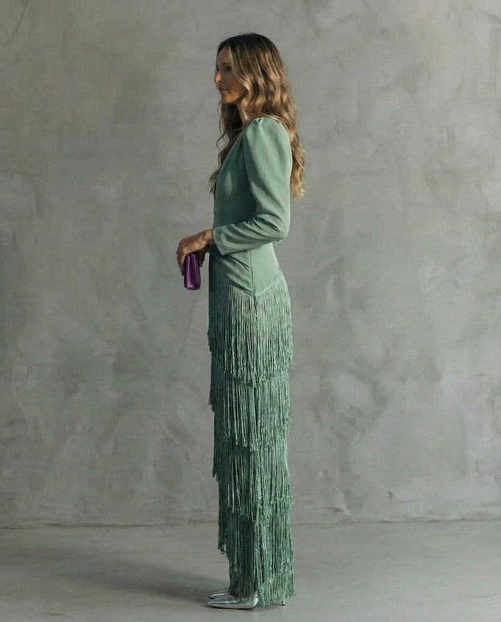Claudia | Abito midi elegante con maniche a frange