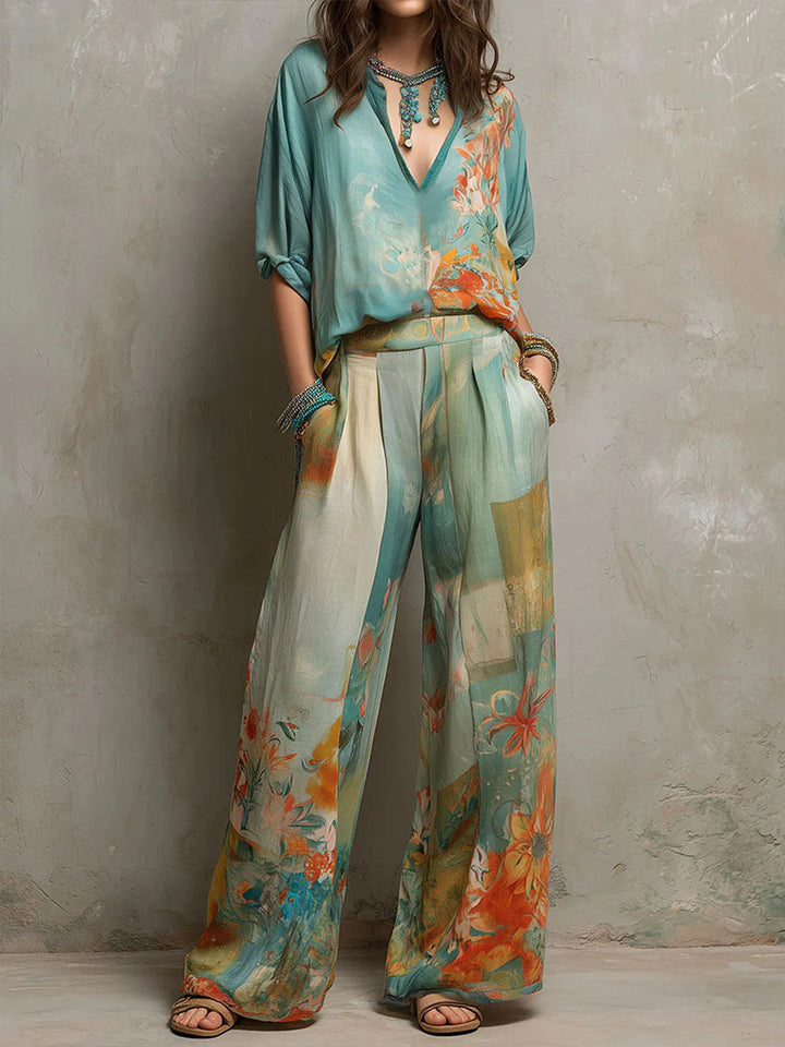 Chiara | Ensemble Élégant à Imprimé Floral avec Pantalon Large
