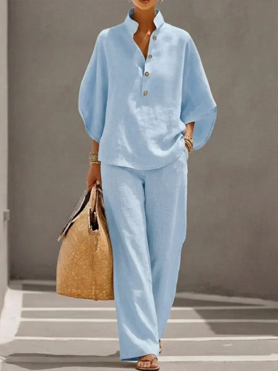 Maribel™ | Ensemble en lin avec manches chauve-souris et pantalon large